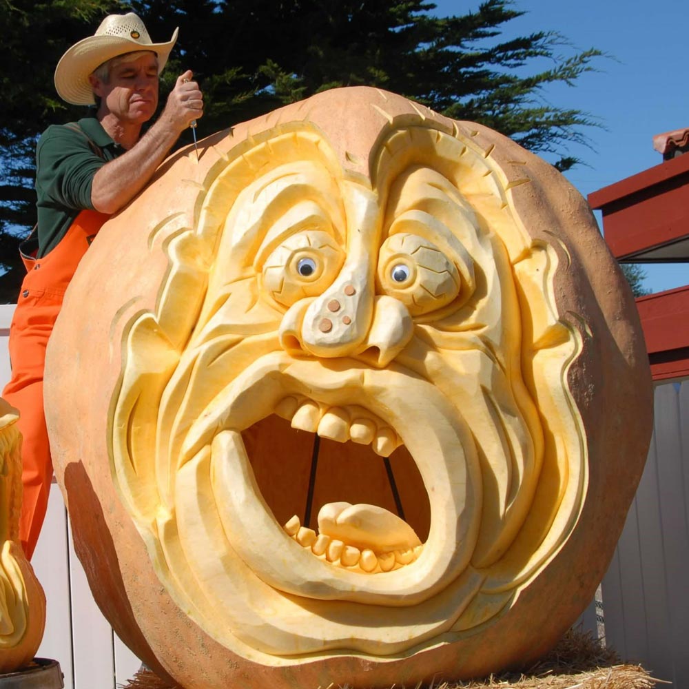 Farmer Mike carving giant pumpkin